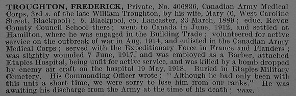 Troughton F Pte 406836 Canadian Army Medical Corps Obit De Ruvignys Roll Of Honour Vol 4