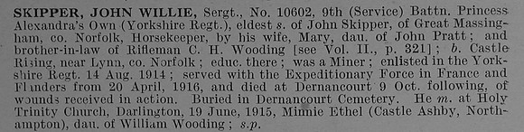 Skipper J W Sergt 10602 9th Yorkshire Regiment Obit De Ruvignys Roll Of Honour Vol 4