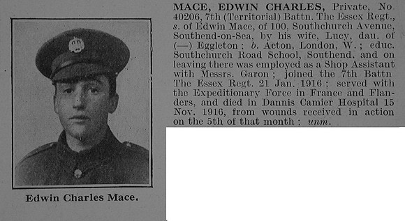 Mace E C Pte 7th Essex Regiment Obit De Ruvignys Roll Of Honour Vol 3