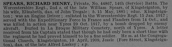 Spears R H Pte 44867 14th Worcestershire Regiment Obit De Ruvignys Roll Of Honour Vol 4