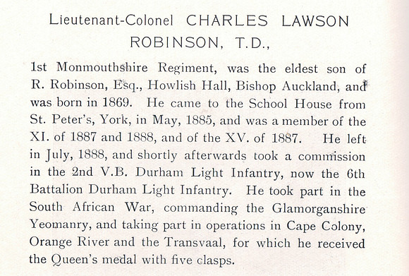 Robinson C L Lt Col 1st Monmouthshire Regiment Obit Part 1 The War Record Of Old Dunelmians 1914-1919