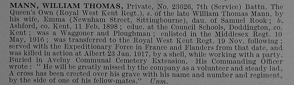 Mann W T Pte 23626 7th Queen Own Royal West Kent Regiment Obit De Ruvignys Roll Of Honour Vol 4