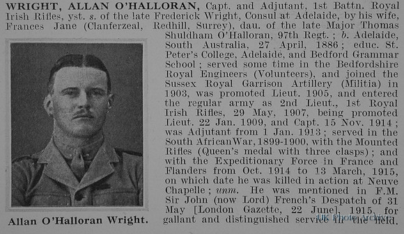 Wright A O Captain 1st Royal Irish Rifles Obit Part 1 De Ruvignys Roll Of Honour Vol 1
