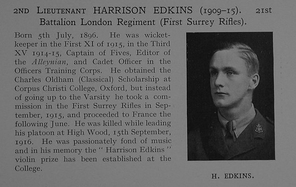 Edkins H 2nd Lt 21st London Regiment Obit Dulwich College Roll Of Honour