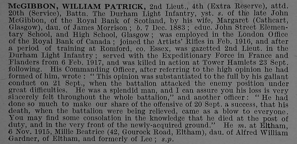 McGibbon W P 2nd Lt 4th Attd 20th Durham Light Infantry Obit De Ruvignys Roll Of Honour Vol 4