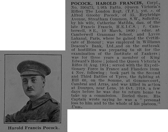 Pocock H F Cpl 390473 9th London Regiment Obit De Ruvignys Roll Of Honour Vol 5