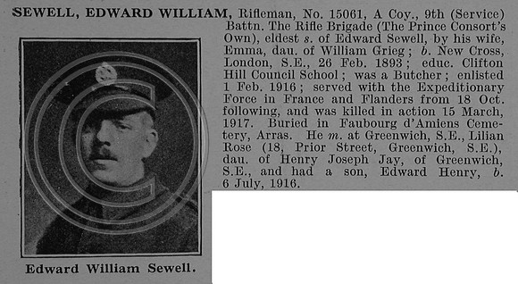 Sewell E W Rfn 15061 9th Rifle Brigade Obit De Ruvignys Roll Of Honour Vol 4