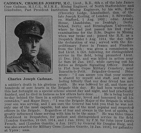 Cadman C J Lt MC Royal Engineers Obit De Ruvignys Roll Of Honour Vol 4