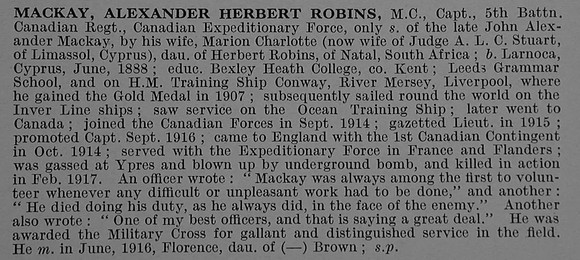 MacKay A H R Captain MC 5th Canadian Infantry (Saskatchewan Regiment) Obit De Ruvignys Roll Of Honour Vol 4