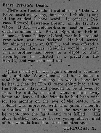 Sprunt E L Pte 1510 Honourable Artillery Company Obit The Graphic 3rd July 1915