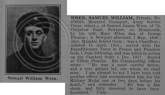 Wren S W Pte 078693 Army Service Corps Obit De Ruvignys Roll Of Honour Vol 4