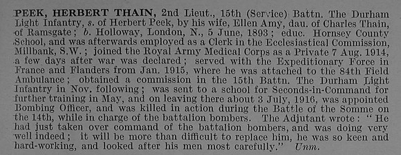 Peek H T 2nd Lt 15th Durham Light Infantry Obit De Ruvignys Roll Of Honour Vol 4