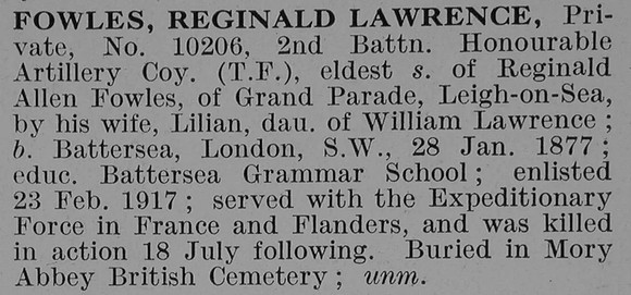 Fowles R L Pte 2nd Honourable Artillery Company Obit De Ruvignys Roll Of Honour Vol 3