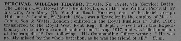 Percival W T Pte 19744 7th Queen's Own Royal West Kent Regiment Obit De Ruvignys Roll Of Honour Vol 4
