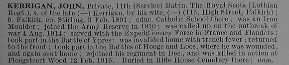 Kerrigan J Pte 11th Royal Scots Obit De Ruvignys Roll Of Honour Vol 4