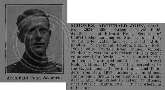 Scoones A J Sergt 926316 Royal Field Artillery Obit De Ruvignys Roll Of Honour Vol 4