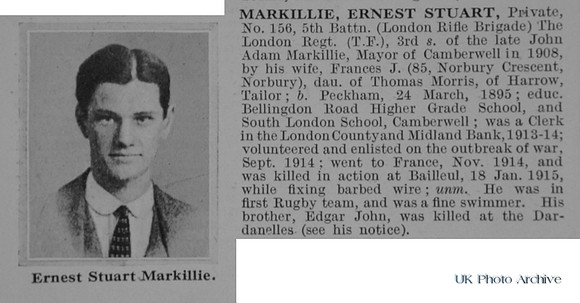 Markille E S Pte 5th London Regt Obit De Rivignys Roll Of Honour Vol 1