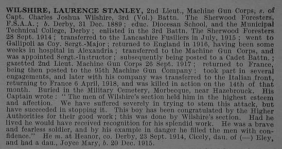 Wilshire L S 2nd Lt Machine Gun Corps Obit De Ruvignys Roll Of Honour Vol 4