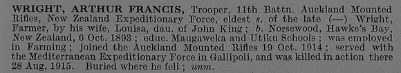 Wright A F Tpr 13/754 Auckland Mounted Rifles, N.Z.E.F. Obit De Ruvignys Roll Of Honour Vol 4