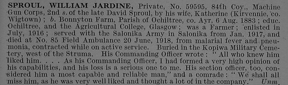 Sproul W J Pte 59595 Machine Gun Corps Obit De Ruvignys Roll Of Honour Vol 4