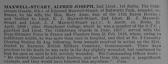 Maxwell-Stuart A J 2nd Lt 1st Coldstream Guards Obit De Ruvignys Roll Of Honour Vol 4