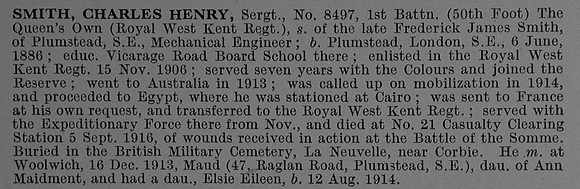 Smith C H Sergt 8497 1st Queens Own Royal West Kent Regiment Obit De Ruvignys Roll Of Honour Vol 4
