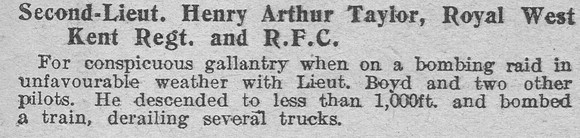 Taylor H A Lt RFC MC CitationThe Graphic 21st Aug 1916