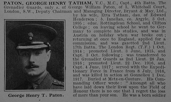 Paton G H T Captain VC MC 4th Grenadier Guards Obit Part 1 De Ruvignys Roll Of Honour Vol 4