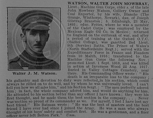 Watson W J M Lt Machine Gun Corps Obit De Ruvignys Roll Of Honour Vol 4
