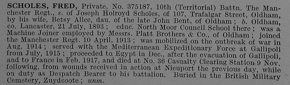 Scholes F Pte 375187 10th Manchester Regiment Obit De Ruvignys Roll Of Honour Vol 4