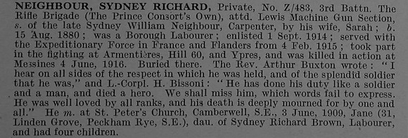 Neighbour S R Pte Z/483 3rd Rifle Brigade Obit De Ruvignys Roll Of Honour Vol 4