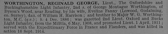 Worthington R G Lt 2nd Oxfordshire & Buckinghamshire Light Infantry Obit De Ruvignys Roll Of Honour Vol 4