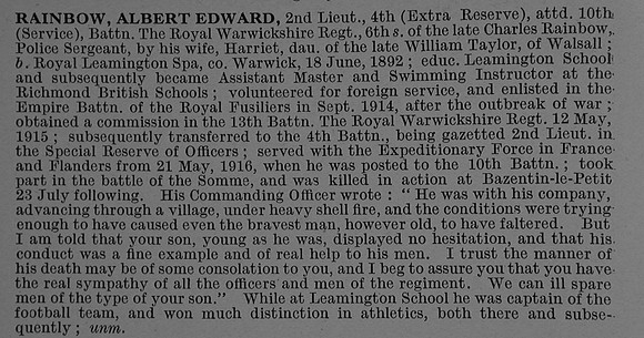 Rainbow A E 2nd Lt 4th Attd 10th Royal Warwickshire Regiment Obit De Ruvignys Roll Of Honour Vol 4