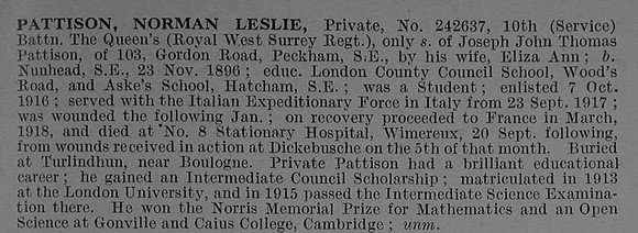 Pattison N L Pte 242637 10th Queen Royal West Surrey Regiment Obit De Ruvignys Roll Of Honour Vol 4