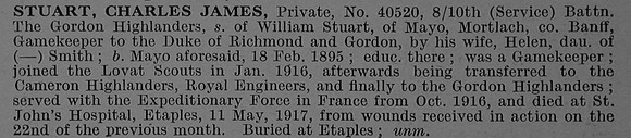 Stuart C J Pte 40520 10th Gordon Highlanders Obit De Ruvignys Roll Of Honour Vol 4