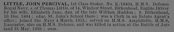 Little J P 1st Class Stoker K/18404 HMS Defence Royal Navy Obit De Ruvignys Roll Of Honour Vol 4
