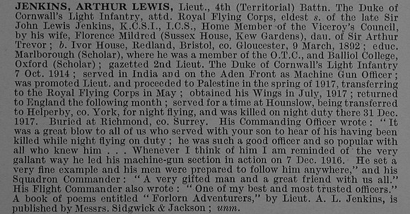 Jenkins A L Lt 4th Duke Of Cornwalls Light Infantry Attd Royal Flying Corps Obit De Ruvignys Roll Of Honour Vol 4