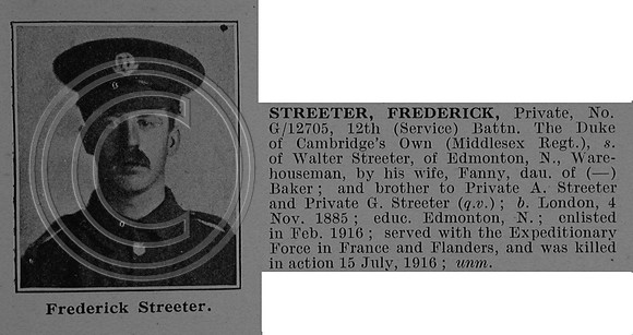 Streeter F Pte G/12705 12th Middlesex Regiment Obit De Ruvignys Roll Of Honour Vol 4