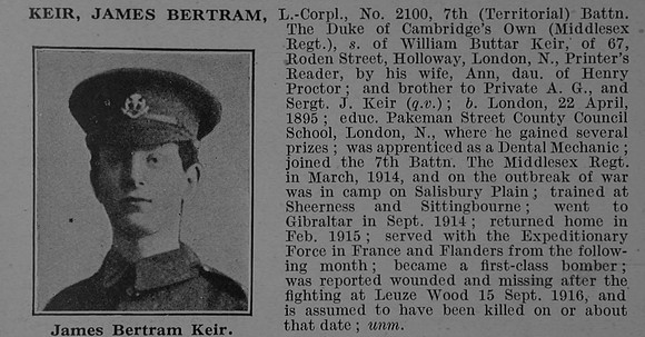 Keir J B L/Cpl 2100 7th Middlesex Regiment Obit De Ruvignys Roll Of Honour Vol 4