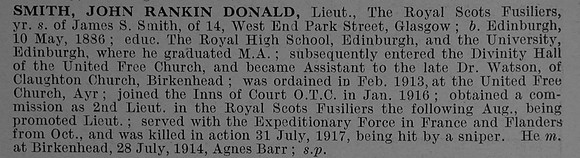 Smith J R D Lt 2nd Royal Scots Fusiliers Obit De Ruvignys Roll Of Honour Vol 4