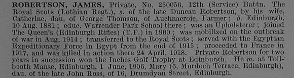 Robertson J Pte 250056 12th Royal Scots Obit De Ruvignys Roll Of Honour Vol 4