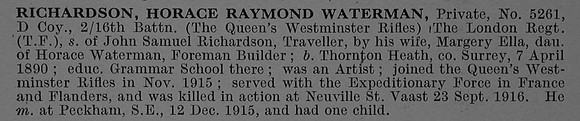 Richardson H R W Pte 5261 16th London Regiment Queen's Westminster Rifles) Obit De Ruvignys Roll Of Honour Vol 4