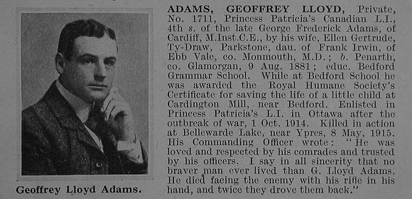 Adams G L Pte 1711 Princess Patricia's Canadian Light Infantry (Eastern Ontario Regiment) Obit De Ruvignys Roll Of Honour Vol 1