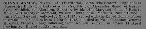Shand J Pte S26453 14th Attd 5th Seaforth Highlanders Obit De Ruvignys Roll Of Honour Vol 4