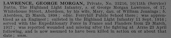 Lawrence G M Pte 33216 11th Highland Light Infantry Obit De Ruvignys Roll Of Honour Vol 4