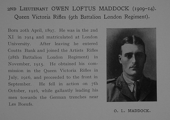 Maddock O L 2nd Lt 9th London Regiment Obit Dulwich College Roll Of Honour