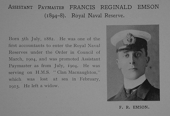 Emson F R Assistant Paymaster H.M.S. Clan McNaughton Royal Naval Reserve Obit Dulwich College Roll Of Honour