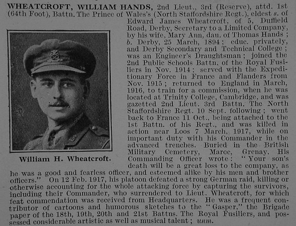Wheatcroft W H 2nd Lt 3rd Attd 1st North Staffordshire Regiment Obit De Ruvignys Roll Of Honour Vol 3