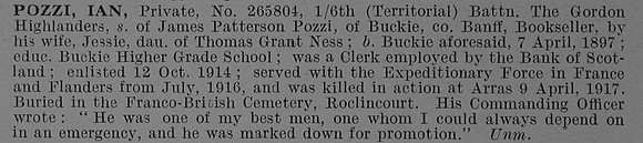 Pozzi I Pte 265804 6th Gordon Highlanders Obit De Ruvignys Roll Of Honour Vol 4