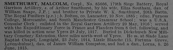 Smethurst M Cpl 85666 Royal Garrison Artillery Obit De Ruvignys Roll Of Honour Vol 4